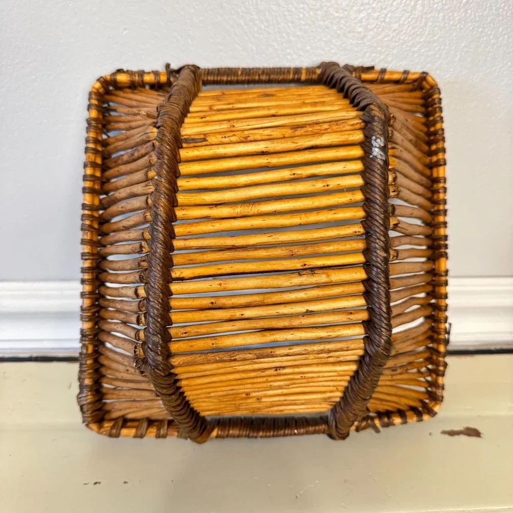 Vintage Pencil Reed Bamboo Square Basket Handles Two Tone MCM‎ Approximately 9